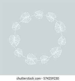 Trendy Tropical Hand Drawn Leaves. Frame. Vector. Pastel Colored