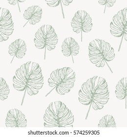 Trendy Tropical Hand Drawn Leaves. Endless Pattern. Vector. Pastel Colored