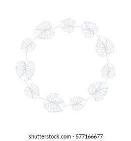 Trendy Tropical Hand Drawn Leaves. Frame. Vector. Pastel Colored