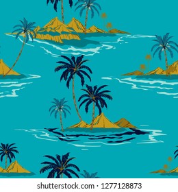 Trendy Tropical island hand drawing style Summer Seamless pattern vector illustration Colorful Summer design for fashion ,fabric,wallpaper,web and all prints on ocean blue background color