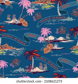 Trendy tropical island style seamless on dark ocean blue background landscape with palm trees beach and hand drawn style vector Design for fashion, fabric, web, wallaper, wallaper, wrap and all print