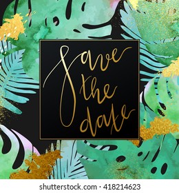 Trendy tropical  jungle style vector invitation template. Paint textured palm-tree leaves botanic backdrop. Exotic green, blue, pink plants with glittering gold blots and stardust texture.