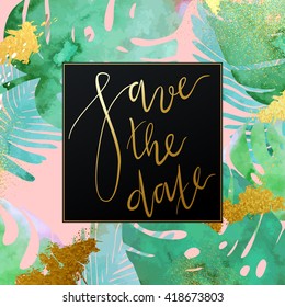Trendy tropical  jungle style vector invitation template. Paint textured palm-tree leaves botanic backdrop. Exotic green, blue, pink plants with glittering gold blots and stardust texture.
