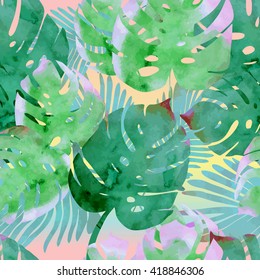 Trendy tropical  jungle style vector seamless pattern. Watercolor textured palm-tree leaves botanic wallpaper backdrop. Exotic green, blue, pink plants repeatable texture.
