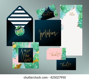 Trendy tropical  jungle style vector wedding print set. Invitation cards, menu and envelope vector templates with exotic green, blue, pink plants with glittering gold blots and stripes texture.