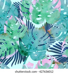 Trendy tropical  jungle style vector seamless pattern. Watercolor textured palm-tree leaves botanic wallpaper backdrop. Exotic green, blue, pink plants repeatable texture.
