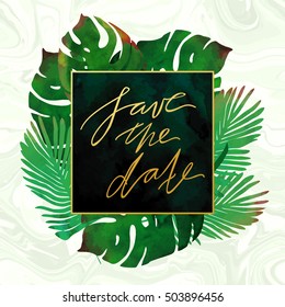 Trendy tropical jungle style vector invitation template. Watercolor paint textured palm-tree leaves on marble background. Natural stone, exotic green plants and emerald velvet textures.