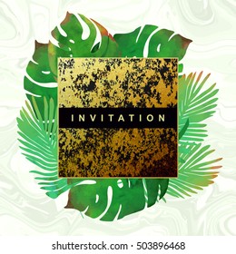 Trendy tropical jungle style vector invitation template. Watercolor paint textured palm-tree leaves on shabby gold background. Natural stone, exotic green plants and grunge golden textures.