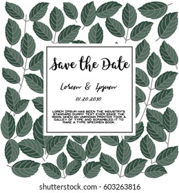 Trendy tropical jungle style vector invitation template. textured leaves flower background. ,Save the date.Square wedding Invitation Card.Flowers Background. 