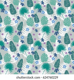 Trendy Tropical Leaves Background with Flowers. Vector Pattern.