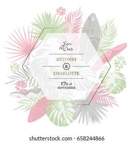 Trendy tropical leaves hexagon vector design. Save the date poster template. 