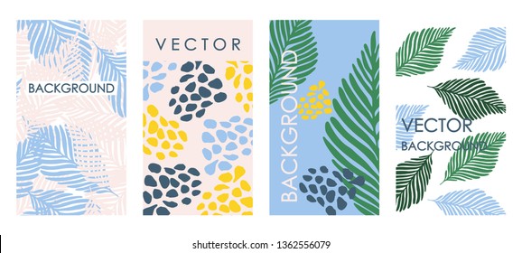 Trendy tropical leaves invitations and card template design. Abstract vector set of floral backgrounds for banners, posters, cover design templates