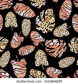 Trendy tropical leaves painted tiger leopard skin vector illustration. Repeating leafage abstract design for textile wrapping. Seamless pattern multicolor foliage on black background Desktop wallpaper