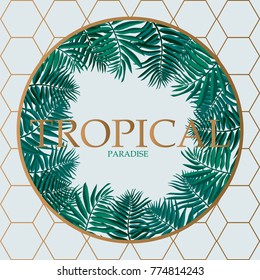 Trendy Tropical Leaves Vector Design. Palm leaves with golden abstract background.