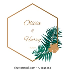 Trendy Tropical Leaves Vector Design. Palm leaves with golden flowers.