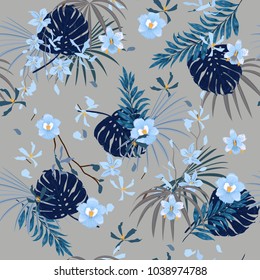 Trendy  Tropical monotone blue with flowers palm leaves,Exotic  leaf seamless vector floral pattern  isolate on light grey background.