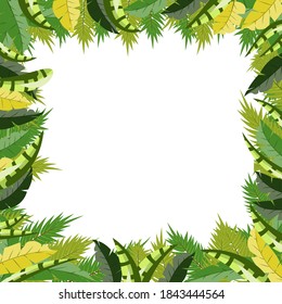 Trendy tropical palm tree branches and tropical plants leaves nature vector poster in a green and yellow light and dark colors