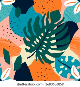 Trendy tropical paper cut collage with abstract tropical floral elements, seamless pattern in flat design contemporary style, vector illustration, ideal for textile, fabrics, wallpaper etc