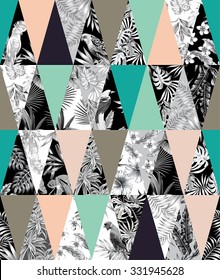 Trendy tropical patchwork illustrated floral vector tropical banana leaves, hibiscus flower, lilies, plumeria, bird parrot. Print poster wallpaper collage hawaii jungle seamless vector pattern