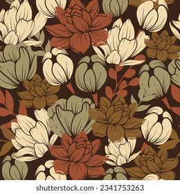 Patrón tropical de moda con plantas brillantes y hojas en un fondo marrón. Fondo de patrón floral vectorial sin costuras de hoja de jungla. Patrón exótico sin foco con plantas tropicales.