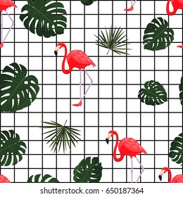 Trendy tropical pattern with flamingo. Vector. Hawaiian style background with jungle tropical plants and flamingo bird. Fabric print. Trendy and modern wallpaper design.