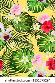 Trendy tropical pattern with hibiscus, orchid, frangipani. Hand drawn exotic illustration for print design.