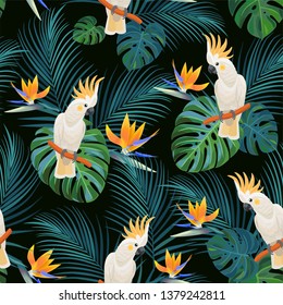 Trendy tropical pattern with parrots and  exotic flowers. Vector seamless texture.