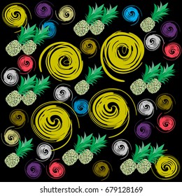 Trendy Tropical Pattern with Pineapples and Bright Doodles on Black Background. Vector Illustration