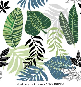Trendy tropical print with palm leaves. Seamless vector pattern with colorful plants.  Summer textile collection. On white background.