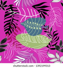 Trendy tropical print with palm leaves. Seamless vector pattern with colorful plants.  Summer textile collection. On pink background.