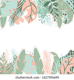 Trendy tropical scandinavian green leaves scandinavian frame in Flat style. Textile design texture. Cute geometric background vector. Nature backdrop. Summer illustration. Background decoration vector