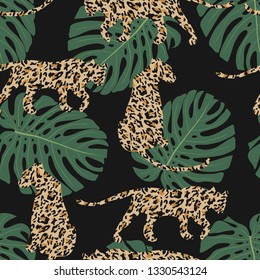 Trendy tropical seamless pattern. Monstera leaves and leopard skin silhouette. Exotic modern repeat vector illustration. Creative print on black background. Fashion, fabric, tile, wallpaper, design