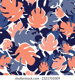 Trendy tropical seamless pattern with monstera leaves of different colors vector illustration.Modern seamless texture with exotic monstera leaves for print,fabric,paper,web design.