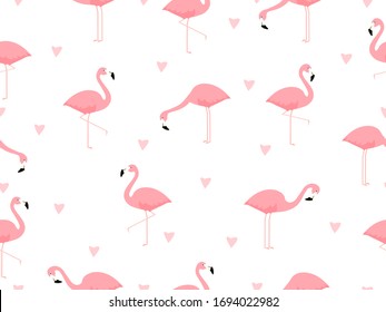 Trendy tropical seamless pattern with pink flamingos and hearts on light background. Exotic art design for fabric and wallpaper.