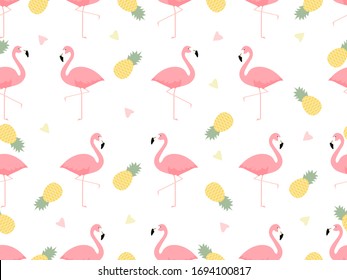Trendy tropisches, nahtloses Muster mit rosafarbenen Flamingos und у Äpfeln und Herzen auf hellem Hintergrund. Exotisches Kunstdesign für Stoff und Tapete.