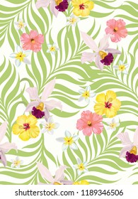 trendy tropical seamless vector pattern with flowers. Summer background with hibiscus? orchid and palm leaves.