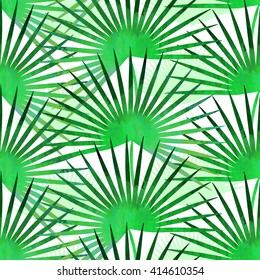 Trendy tropical seamless vector texture.Paint textured palm-tree leaves botanic pattern. Exotic green plants on solid black background. Tropical jungle style backdrop.