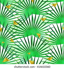 Trendy tropical seamless vector texture.Paint textured palm-tree leaves botanic pattern. Exotic green plants on solid black background. Tropical jungle style backdrop with glittering gold triangles.