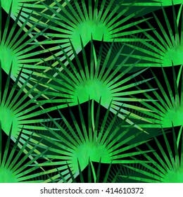 Trendy tropical seamless vector texture.Paint textured palm-tree leaves botanic pattern. Exotic green plants on solid black background. Tropical jungle style backdrop.