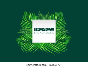 Trendy tropical summer background design. Vector botanical green frame with jungle palm leaves, isolated, with place for your text