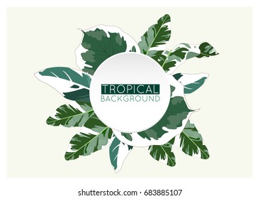 Trendy tropical summer background design. Vector botanical circle, round frame with green jungle palm leaves, isolated, with place for your text