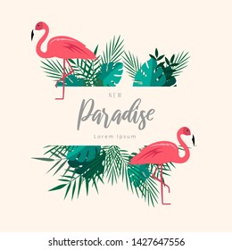 Trendy Tropical Summer leaves vector design background template. Tropical leaves Monstera, Pink Flamingo, and Palm tree summer image frame square shape.