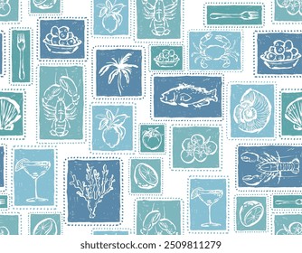 Trendy Tropical  Vacation in Italy mood , palm trees silhouettes , Island , Leaves , Lobster repeat in retro style. Vector art Hand drawn illustration  print, exotic wallpaper, textile, fabric