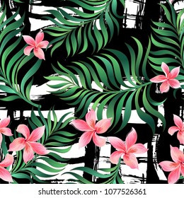 Trendy tropical vector seamless pattern with jungle flowers. Stock vector.