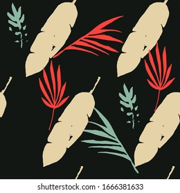 Trendy Tropical Vector Seamless Pattern. Dandelion Monstera Banana Leaves Feather Tropical Seamless Pattern. Painted Floral Background. Cool Summer Fabrics. Elegant Male Shirt Female Dress Texture.