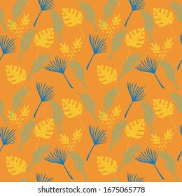 Trendy Tropical Vector Seamless Pattern. Monstera Feather Banana Leaves Dandelion Tropical Seamless Pattern. Nice Summer Textile. Doodle Floral Background. Elegant Male Shirt Female Dress Texture.