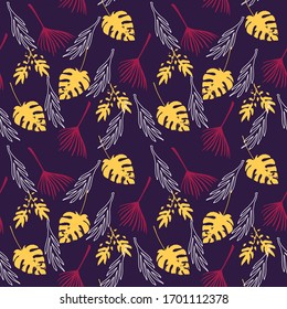 Trendy Tropical Vector Seamless Pattern. Fine Summer Fashion. Feather Dandelion Monstera Banana Leaves Tropical Seamless Pattern. Drawn Floral Background. Elegant Male Shirt Female Dress Texture.