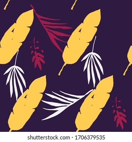 Trendy Tropical Vector Seamless Pattern. Dandelion Feather Banana Leaves Monstera Tropical Seamless Pattern. Chic Summer Textile. Elegant Male Shirt Female Dress Texture. Drawn Floral Background.