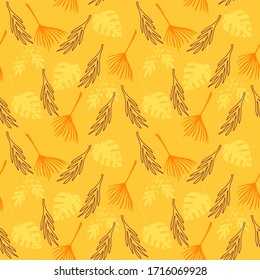 Trendy Tropical Vector Seamless Pattern. Feather Banana Leaves Monstera Dandelion Tropical Seamless Pattern. Drawn Floral Background. Fine Summer Fabrics. Beautiful Male Shirt Female Dress Texture.