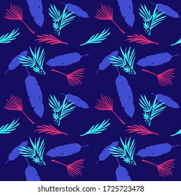 Trendy Tropical Vector Seamless Pattern. Painted Floral Background. Feather Monstera Banana Leaves Dandelion Tropical Seamless Pattern. Beautiful Male Shirt Female Dress Texture. Nice Summer Fashion.